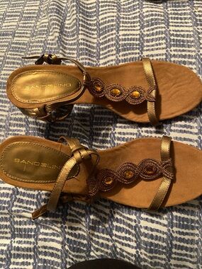 Bandolino Metallic Gold and Brown Beaded T-Strap Sandals